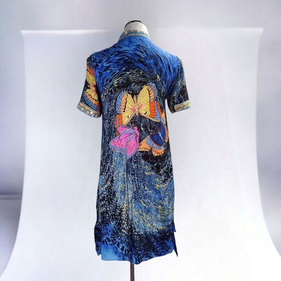 Queen Mulock Butterfly Print Shirt Dress Size M Blue Short Sleeve Pullover Silk - Picture 3 of 12
